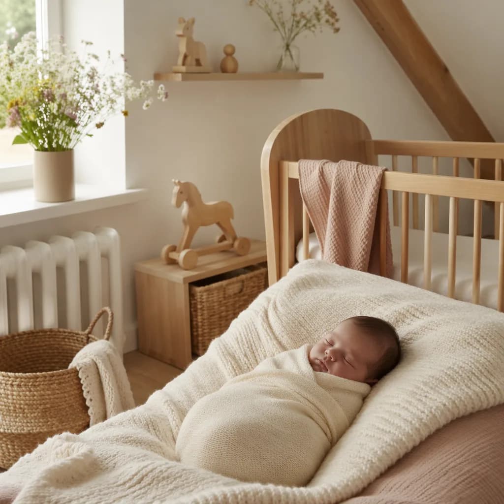 A sleeping newborn in a cozy pastel nursery with wooden toys and soft blankets.