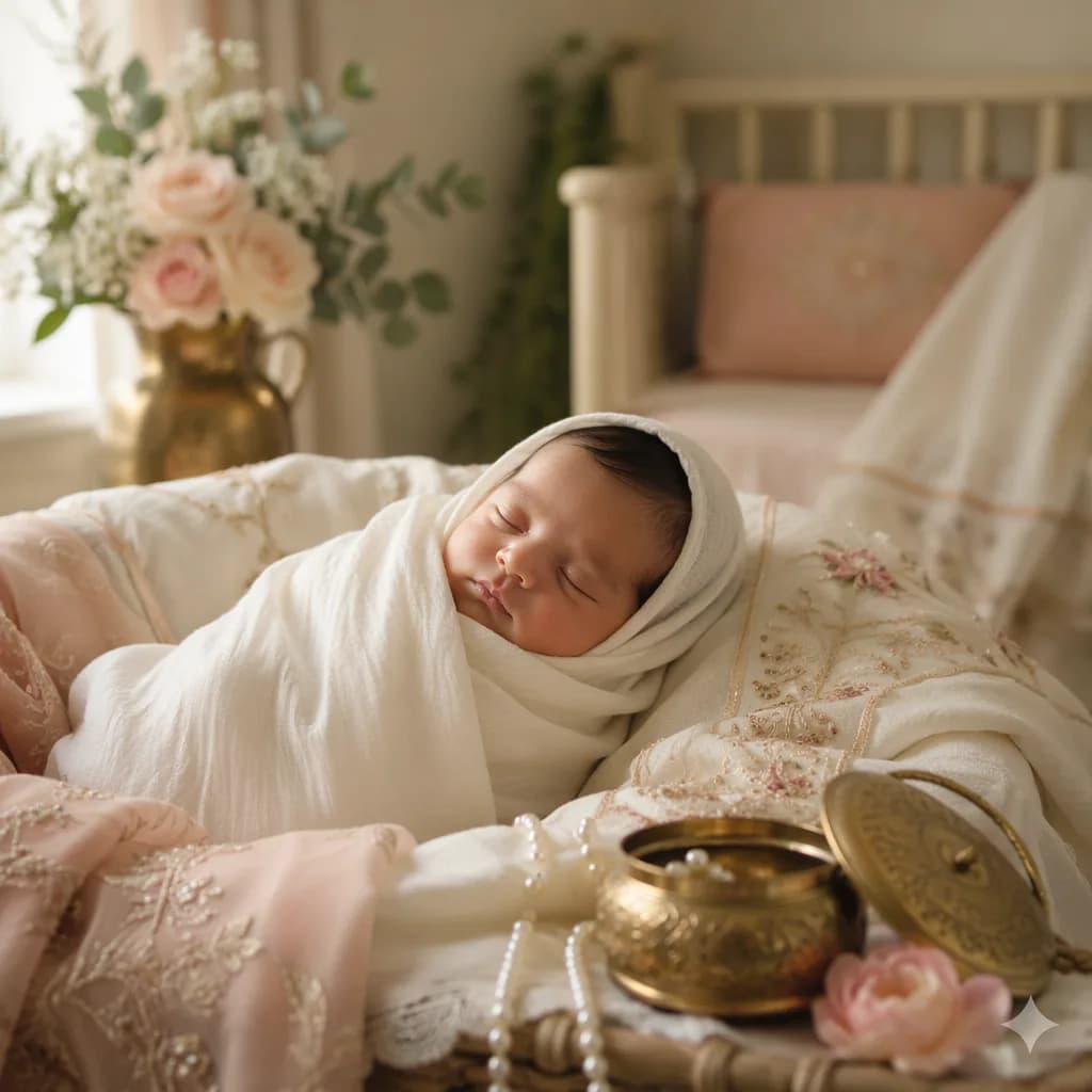 Peaceful newborn in a pastel nursery with elegant South Asian-inspired keepsakes.