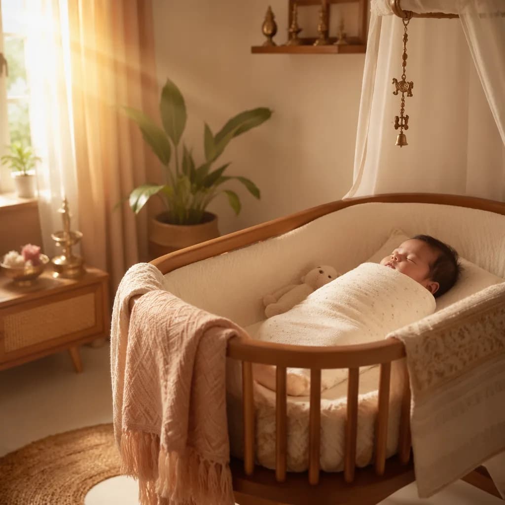 A peaceful swaddled baby in a sunlit pastel nursery with gentle South Indian-inspired details.