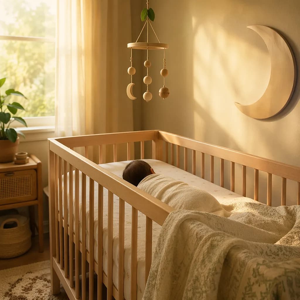 A peaceful pastel nursery with a swaddled baby, soft sunlight, and a gentle moon motif.