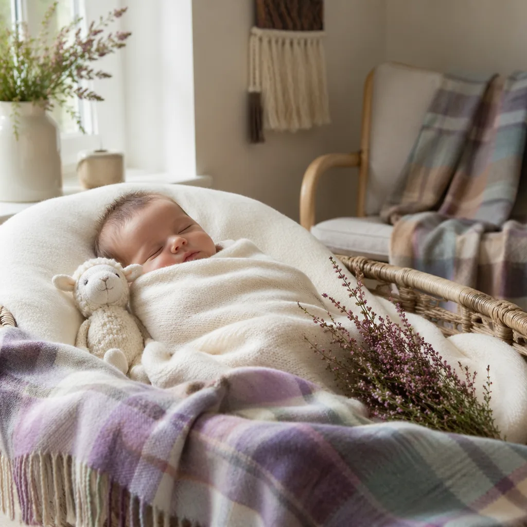 Sleeping baby in a cozy nursery with pastel tartan blanket and heather.