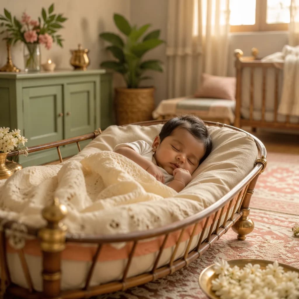 Peaceful Tamil baby sleeping in a warm pastel nursery with jasmine and cozy natural light.