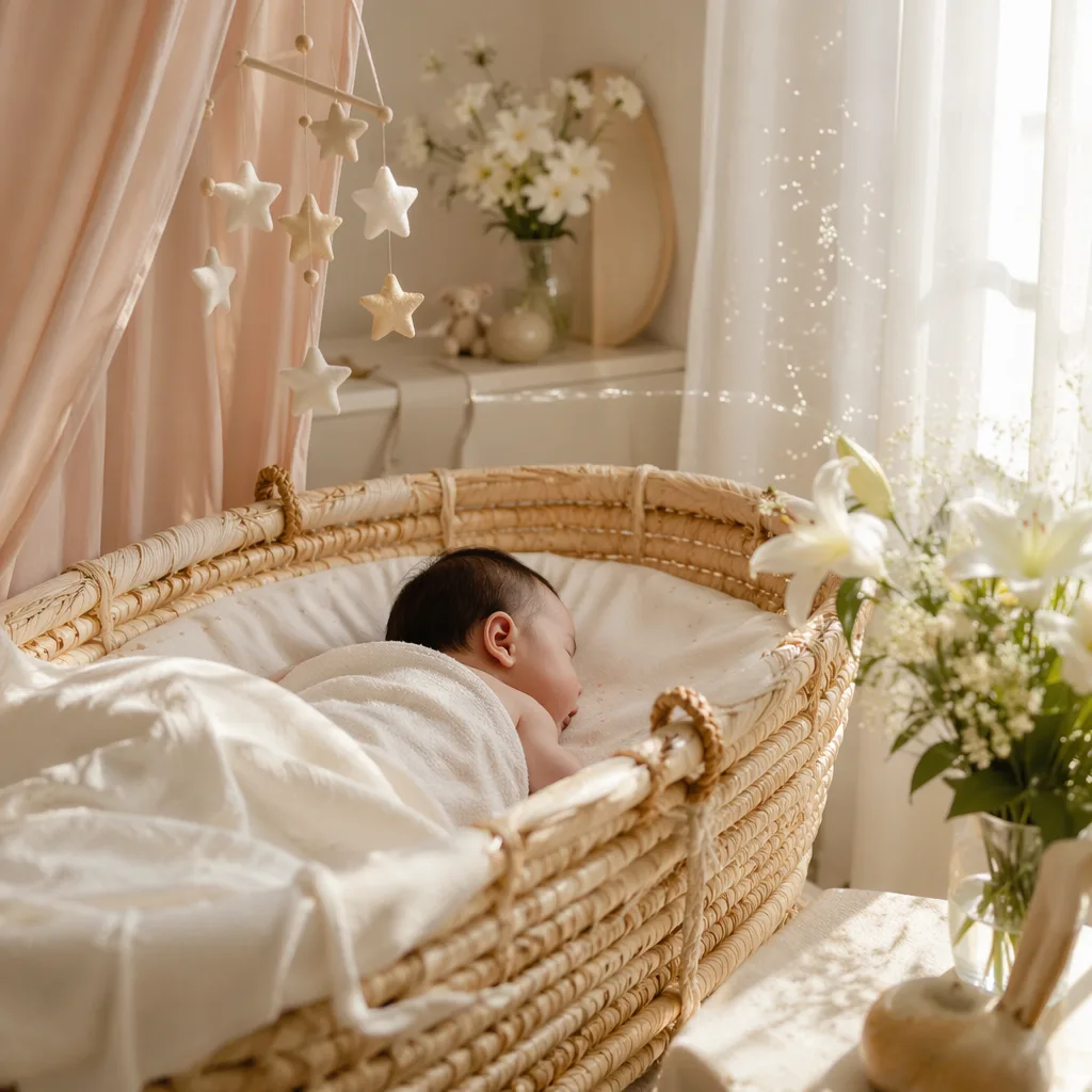 Soft pastel nursery with a sleeping baby, sparkling light, and fresh flowers.