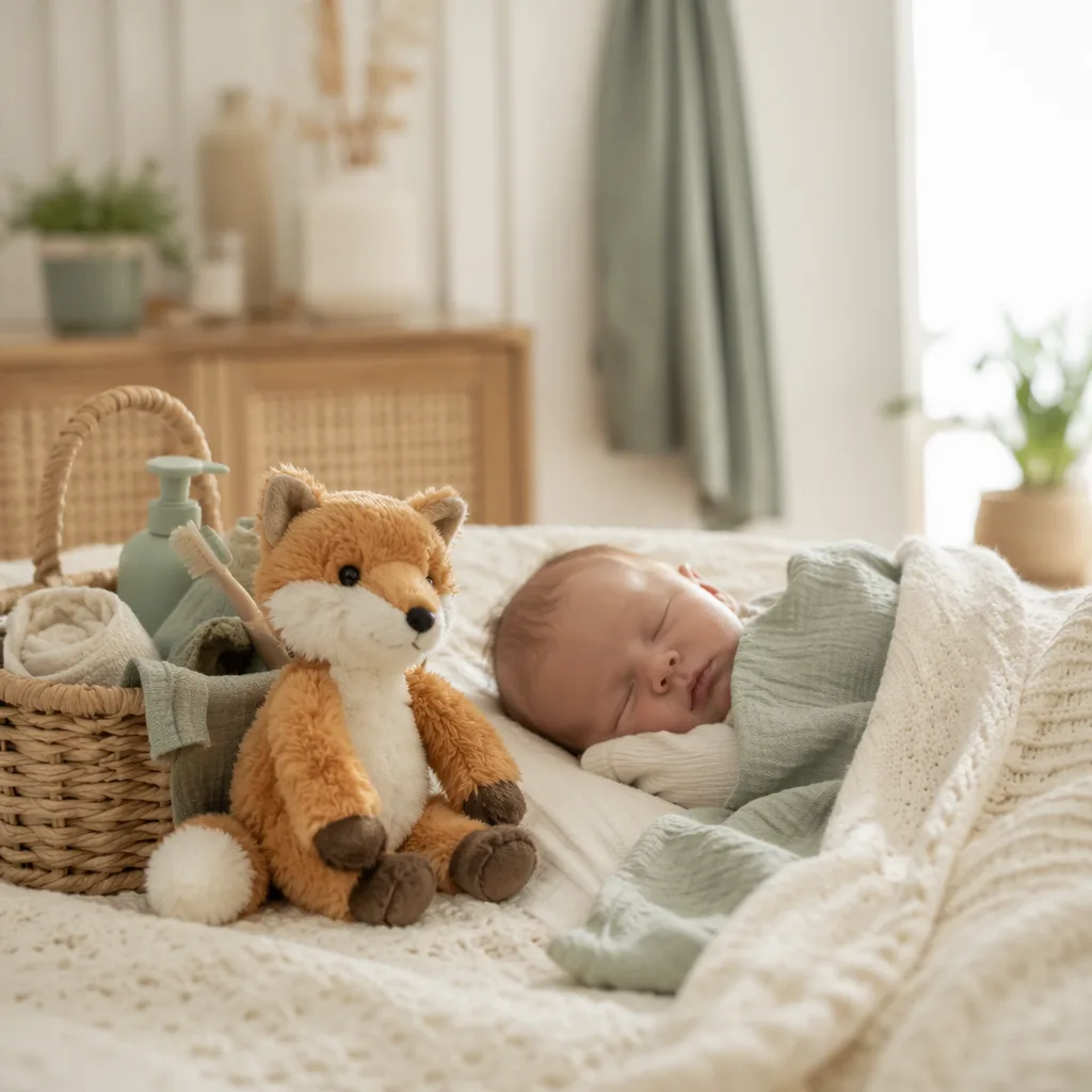 Cozy pastel nursery scene with a swaddled newborn, woven basket, and plush fox.