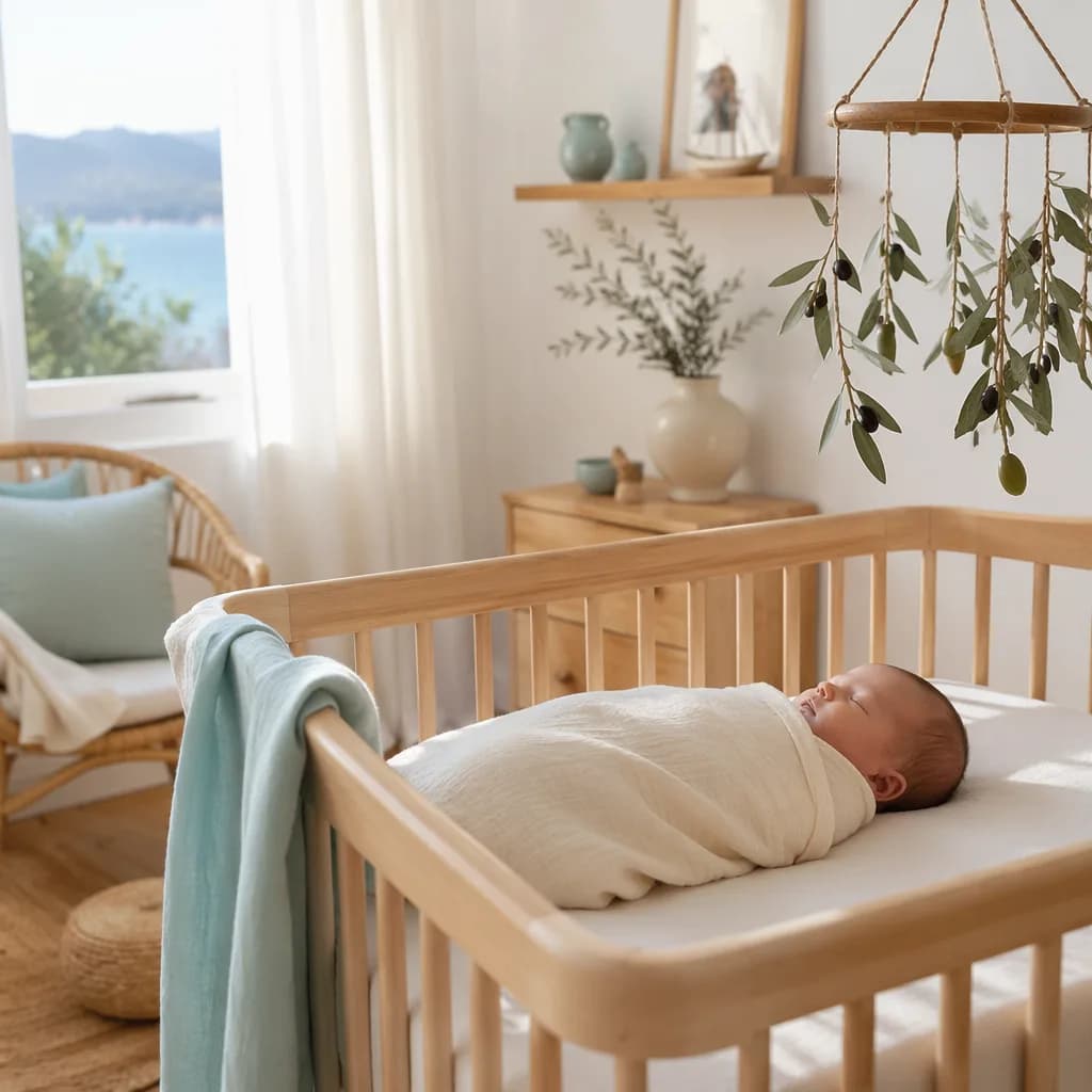 Sleeping baby in a soft Aegean-inspired nursery with pastel blue accents and olive branches