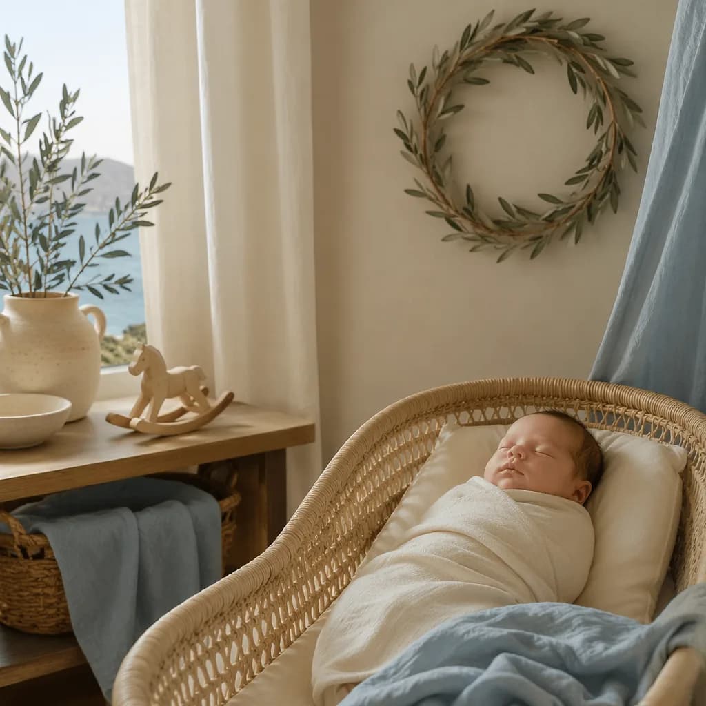 A sleeping newborn in a soft Mediterranean-inspired nursery with olive branch accents.