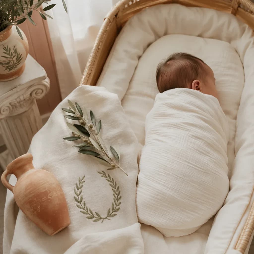A peaceful Greek-inspired nursery scene with a swaddled newborn, olive branch, and laurel accents.