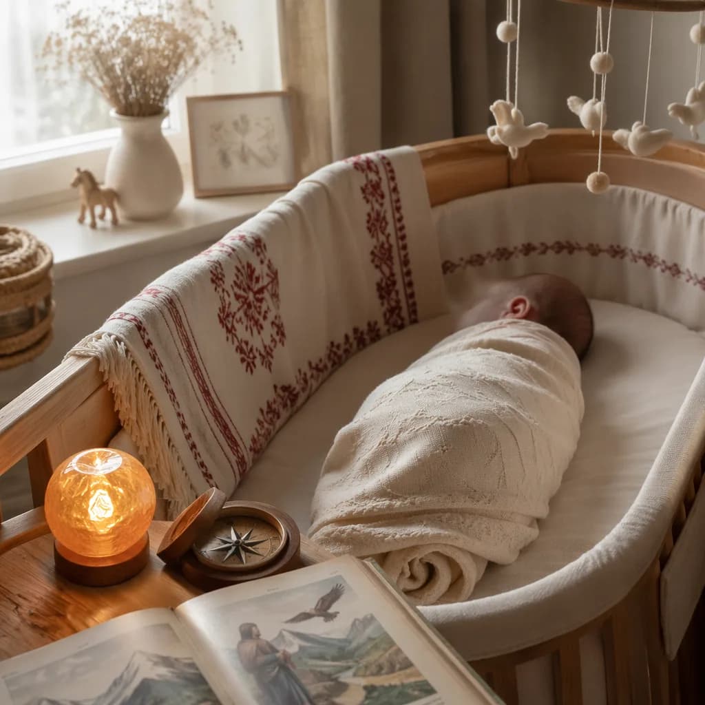 Sleeping baby in a cozy pastel nursery with Polish-inspired textiles, a wooden compass, and warm nightlight.