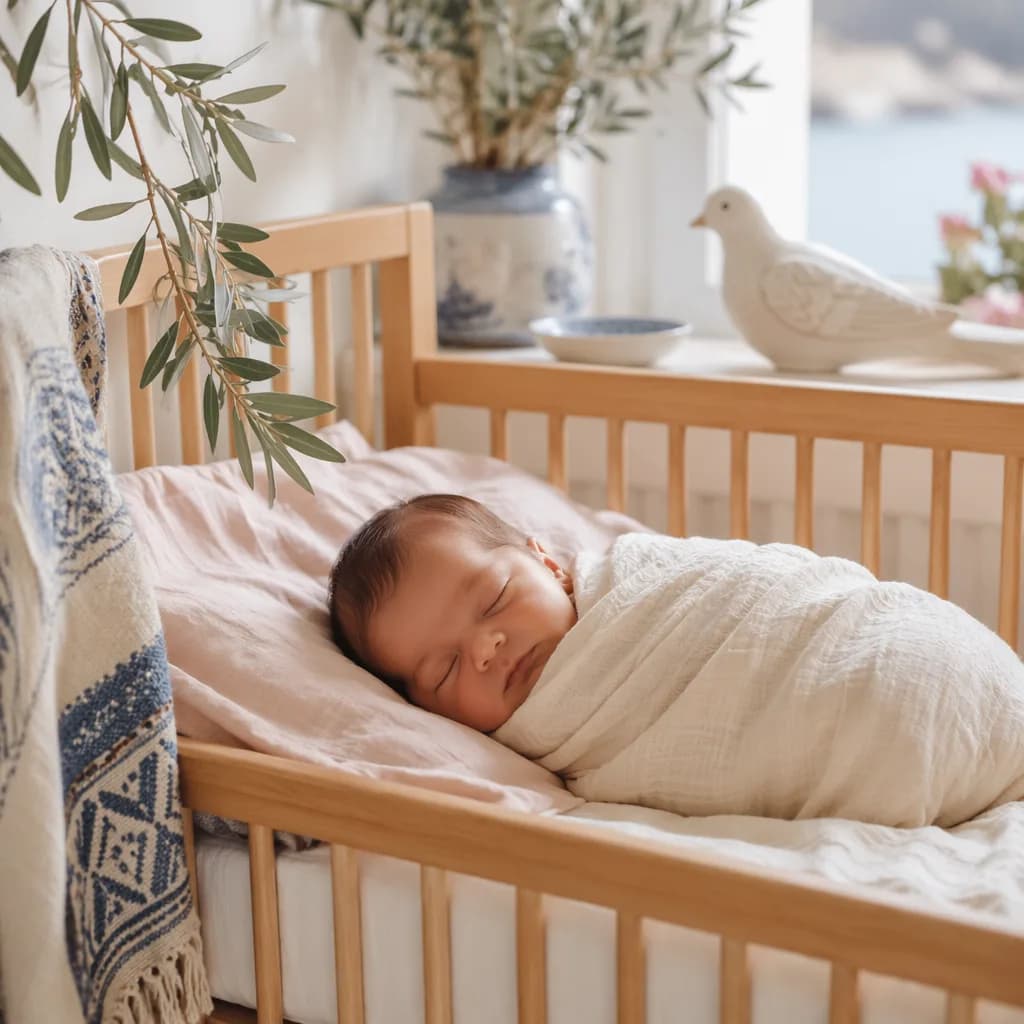 A softly lit Greek-inspired nursery with a swaddled sleeping baby and olive branch accents.