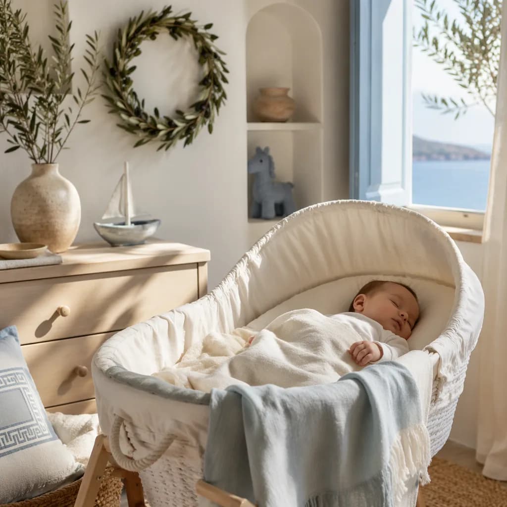Cozy Greek-inspired nursery with a sleeping baby, olive branches, and soft Aegean blue accents.