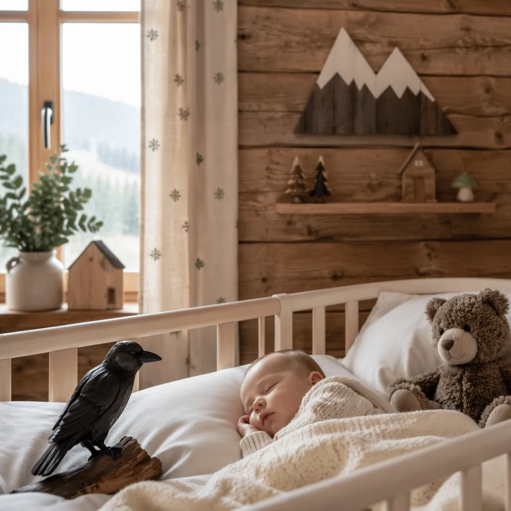 Sleeping baby in a cozy pastel nursery with a wooden raven and plush bear.