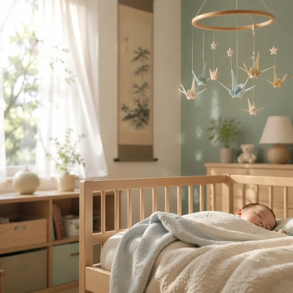 Soft Japanese-inspired nursery with a sleeping baby, origami mobile, and gentle morning light.