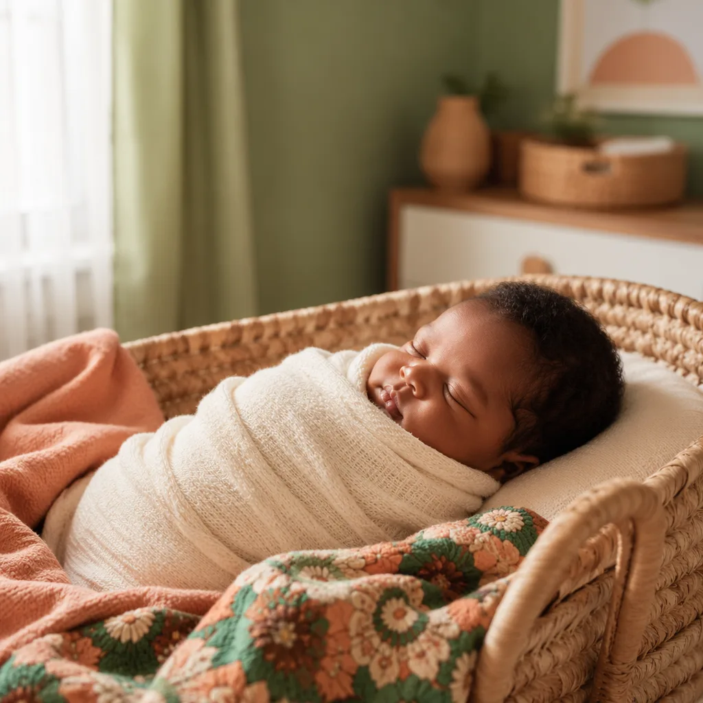 A Nigerian newborn sleeping peacefully in a soft pastel nursery with warm natural light.