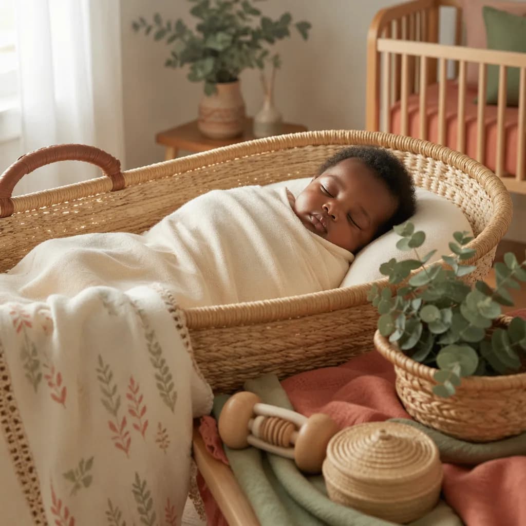 Igbo baby sleeping peacefully in a soft, sunlit nursery with woven accents.