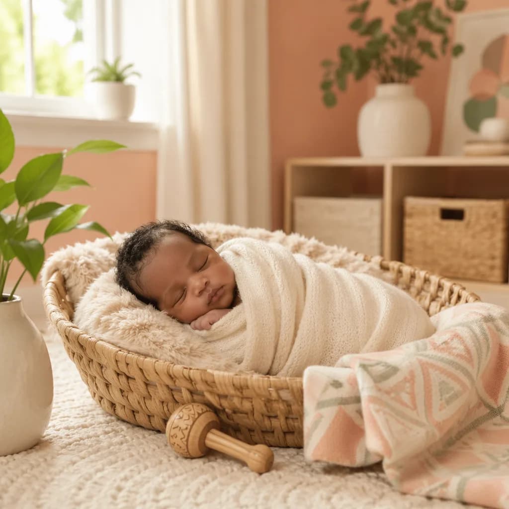 Peaceful newborn in a warm pastel nursery with subtle Igbo-inspired decor.