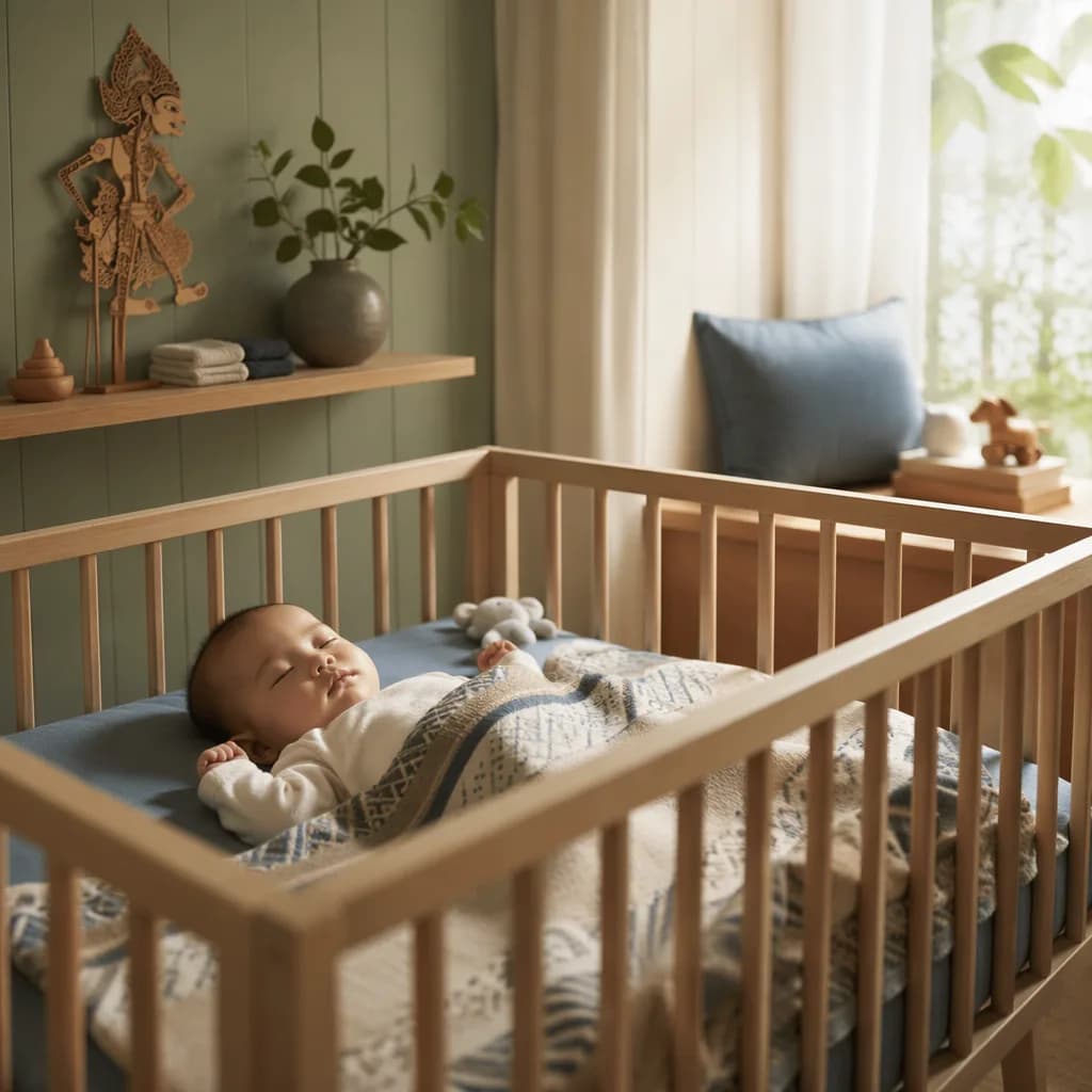 Peaceful Indonesian-inspired nursery with a sleeping baby, soft pastels, and deep blue accents.