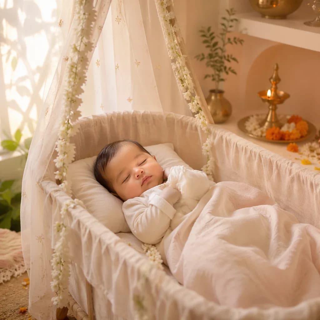Sleeping baby in a soft pastel nursery with jasmine and warm Indian-inspired details