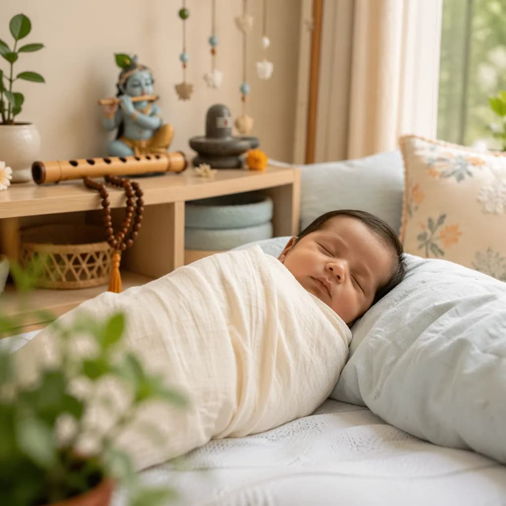 Sleeping baby in a soft pastel nursery with subtle Indian symbolic decor.