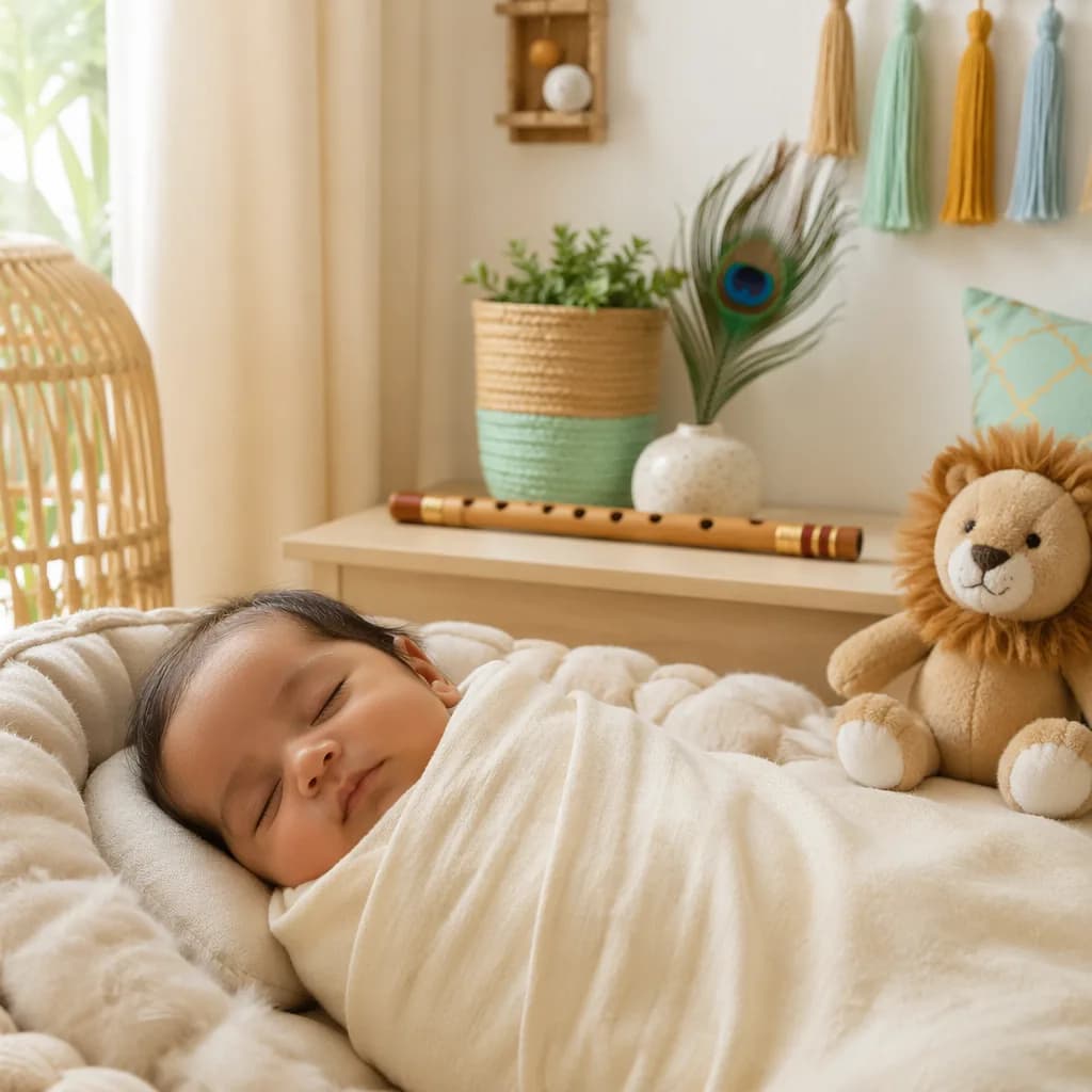 Sleeping baby in a soft Hindi-inspired nursery with pastel accents, a peacock feather, flute, and plush lion.