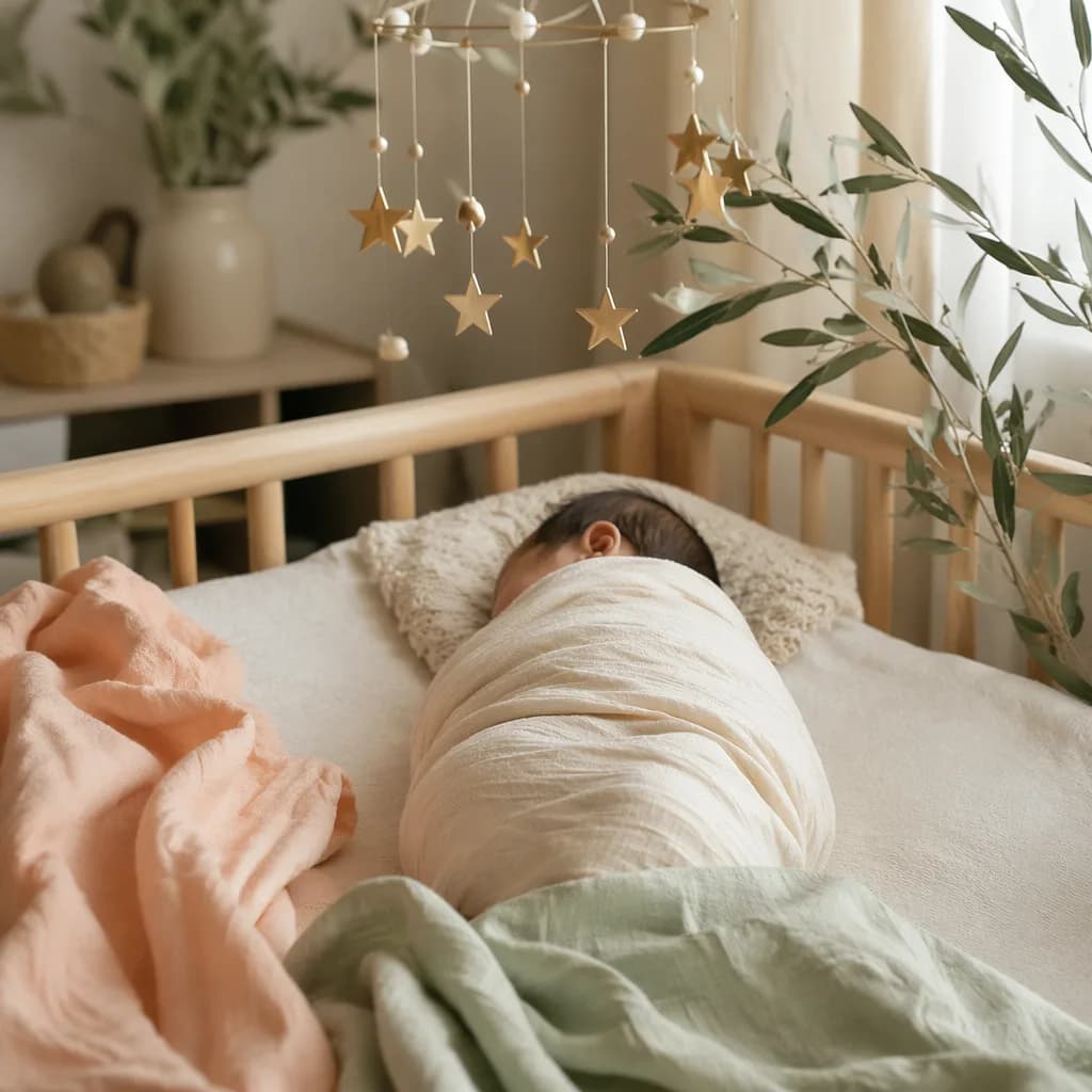 A softly lit pastel nursery with a swaddled baby, star mobile, and delicate leaves.