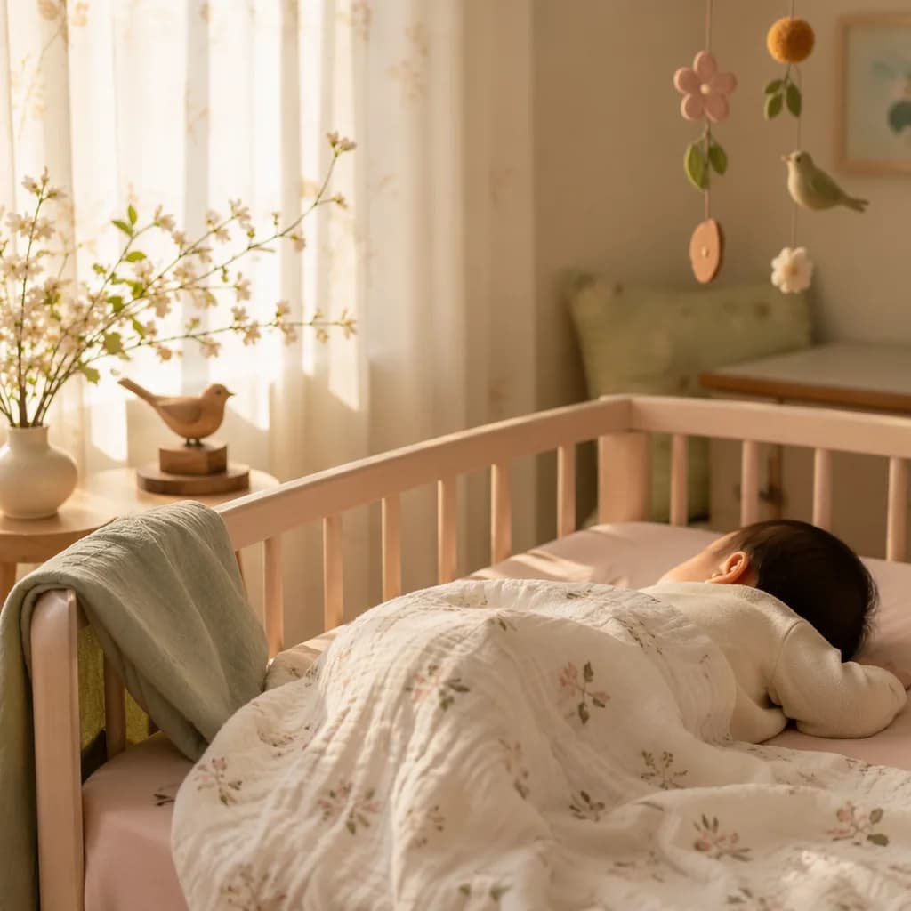 Soft pastel nursery with a sleeping baby, spring blossoms, and a small cuckoo bird figurine.