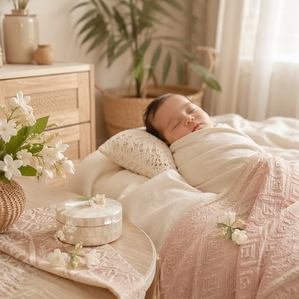 Soft nursery scene with a swaddled baby, jasmine flowers, and delicate jewel-inspired keepsakes.