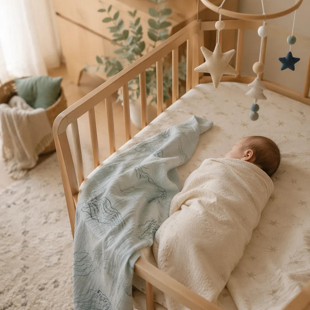 Soft pastel nursery scene with a sleeping baby, north star mobile, and river-inspired blanket.