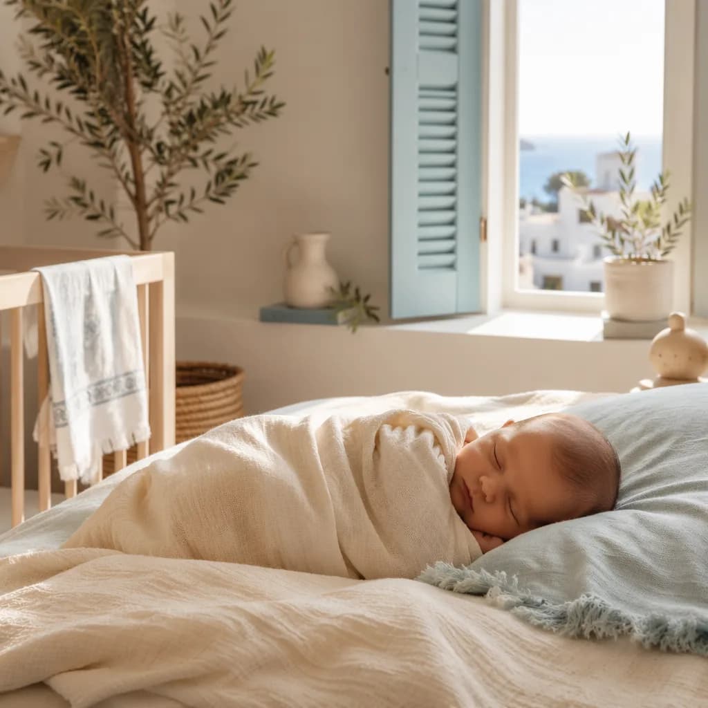 A peacefully sleeping baby in a soft Greek-inspired nursery with olive branch and gentle morning light.