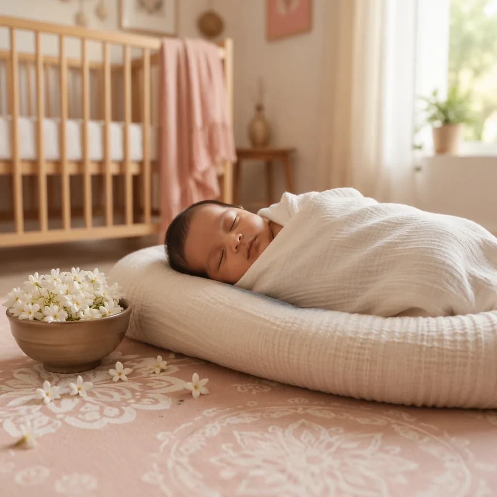 Peaceful Bengali-inspired nursery scene with a sleeping baby, soft pastels, jasmine flowers, and gentle natural light.
