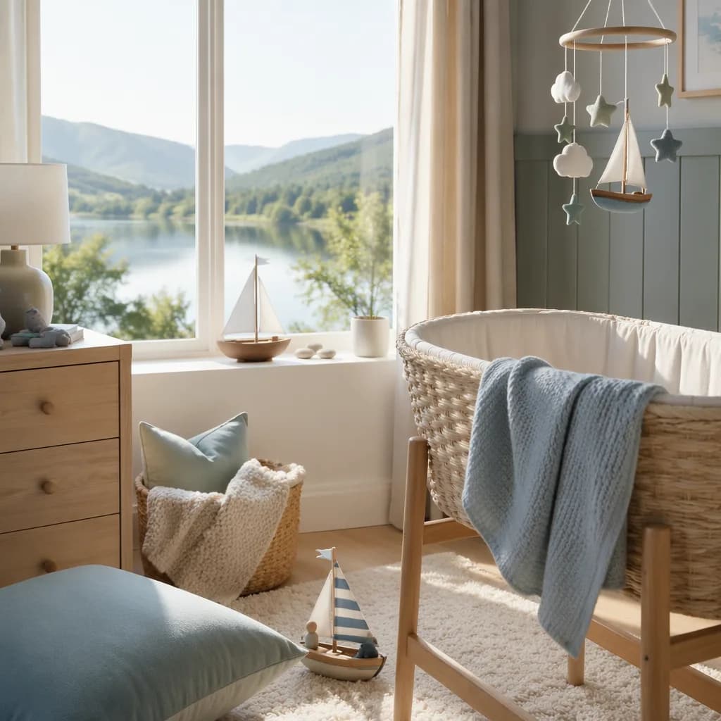 Cozy pastel nursery with a bassinet, sailboat toy, and peaceful lake view inspired by the name Lachlan.