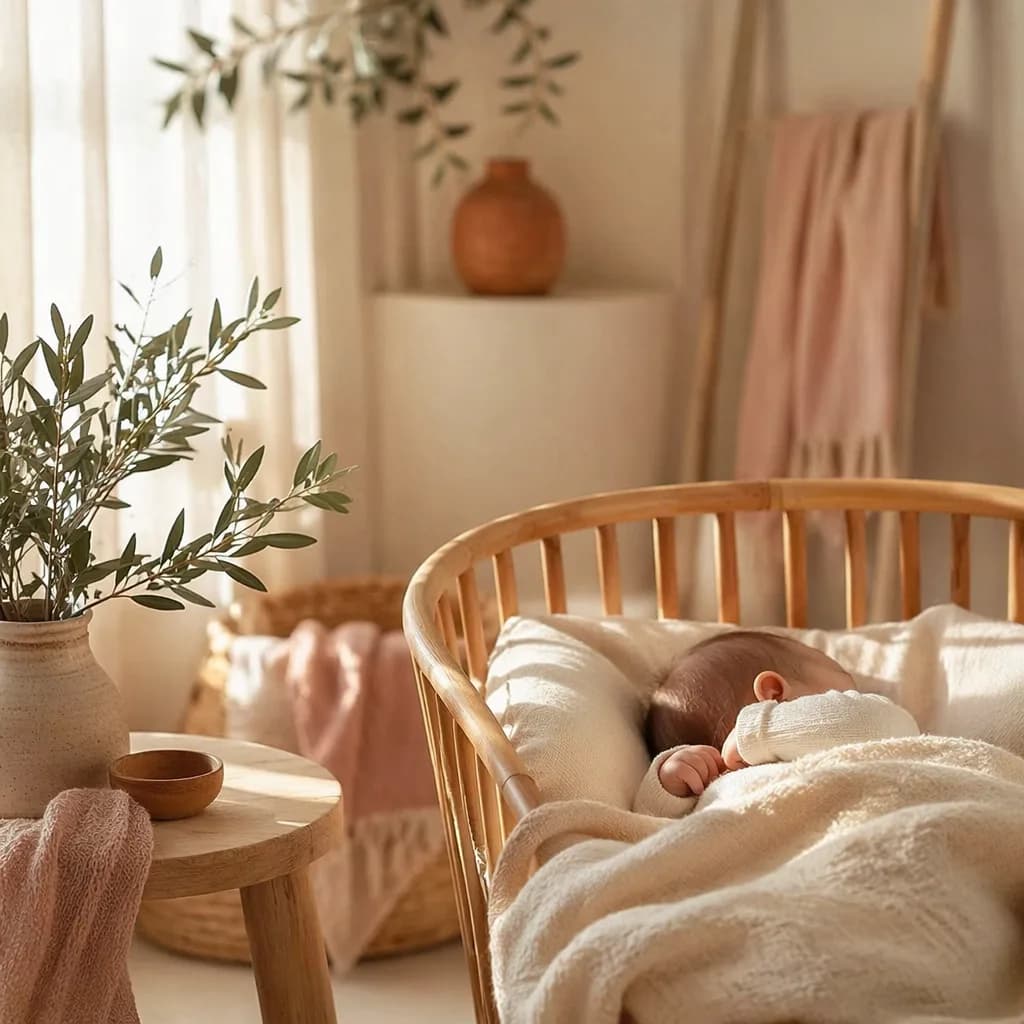 Soft pastel nursery scene with a sleeping baby in gentle Mediterranean light.