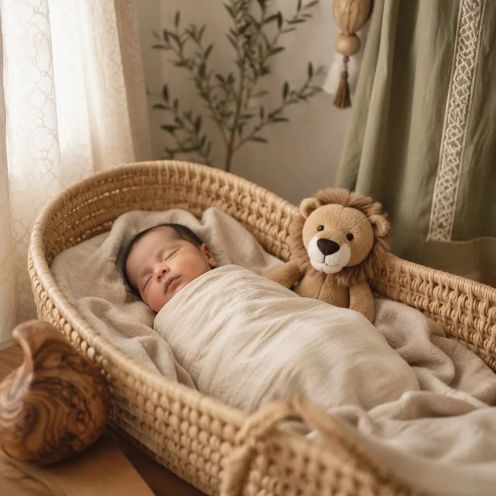 Sleeping baby in a soft nursery with a plush lion and gentle Arabic-inspired accents.