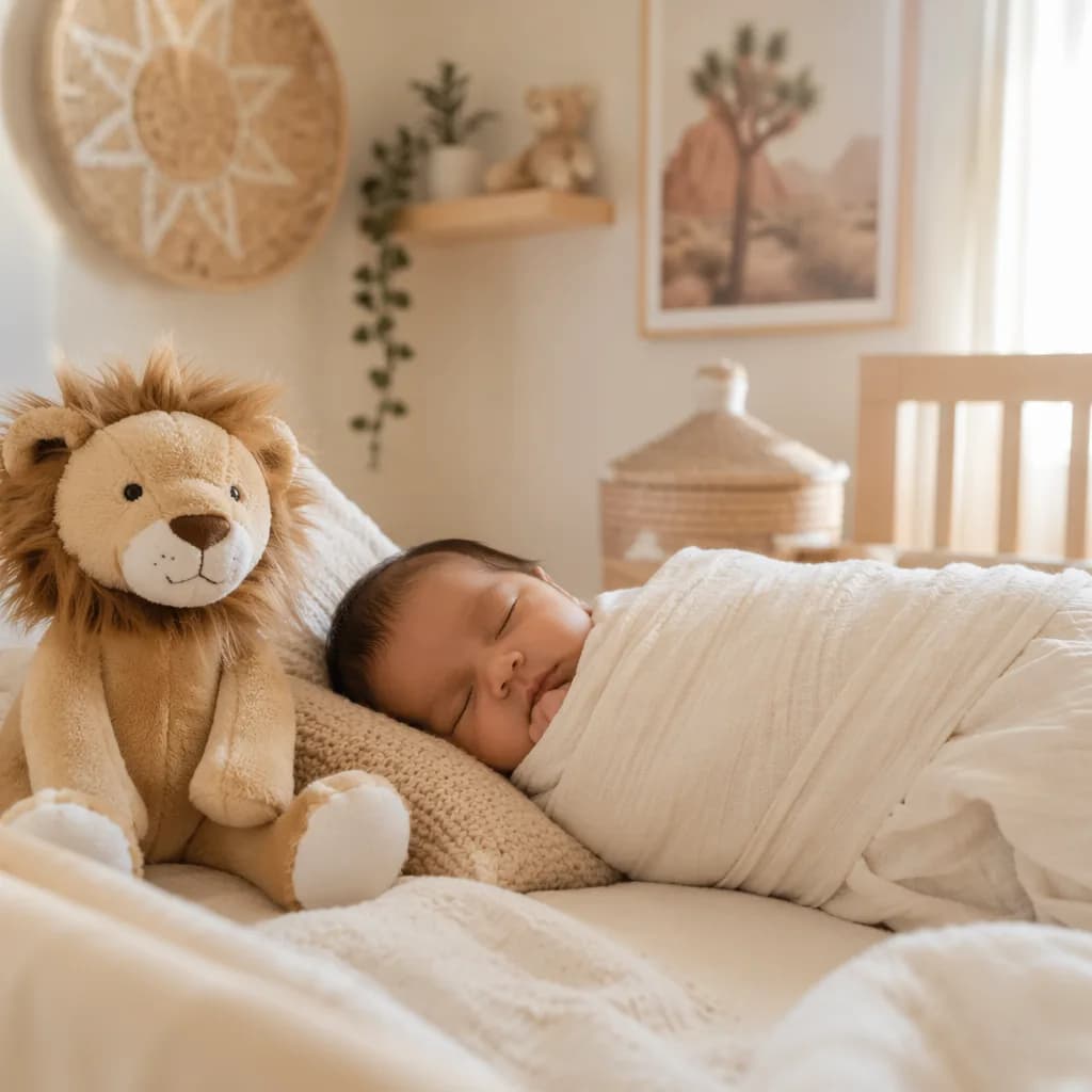 Sleeping baby in a soft nursery with a plush lion toy and warm pastel accents