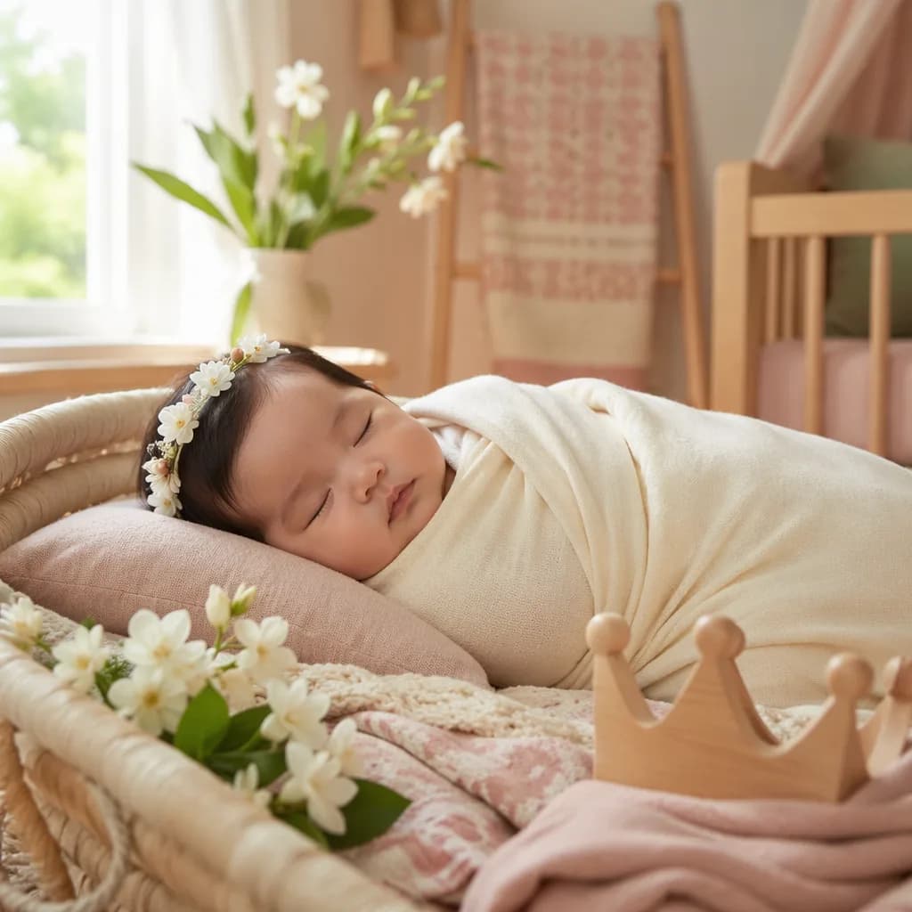 Sleeping Filipino baby in a soft pastel nursery with sampaguita flowers and cozy woven accents.