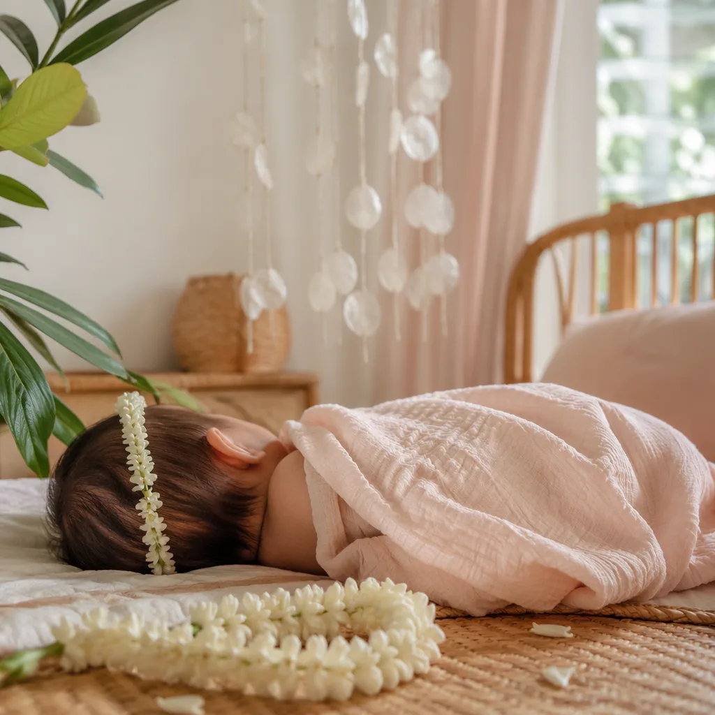 Sleeping baby in a soft Filipino-inspired nursery with sampaguita, rattan, and pastel decor.