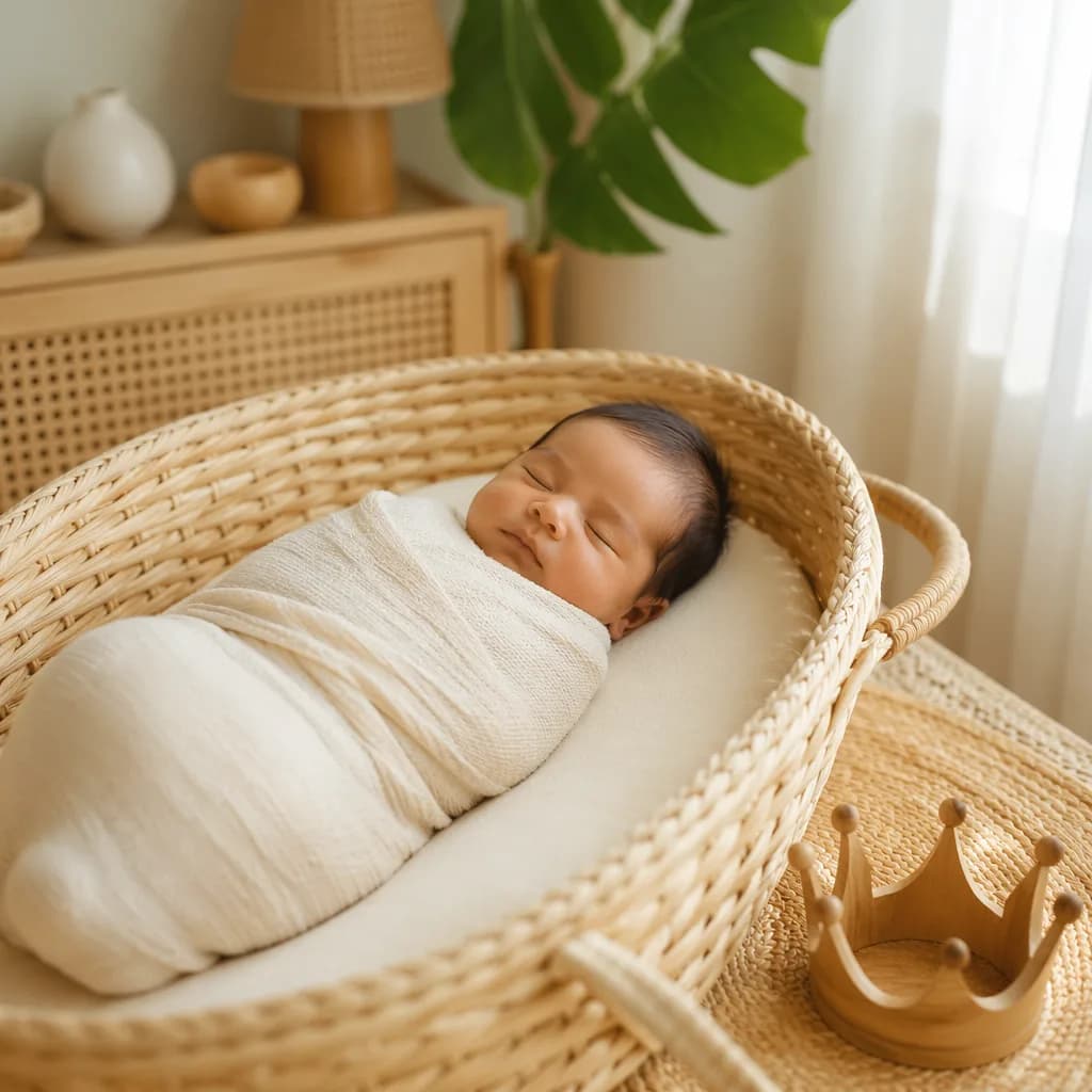 Sleeping swaddled baby in a cozy Filipino-inspired nursery with soft light and rattan accents.