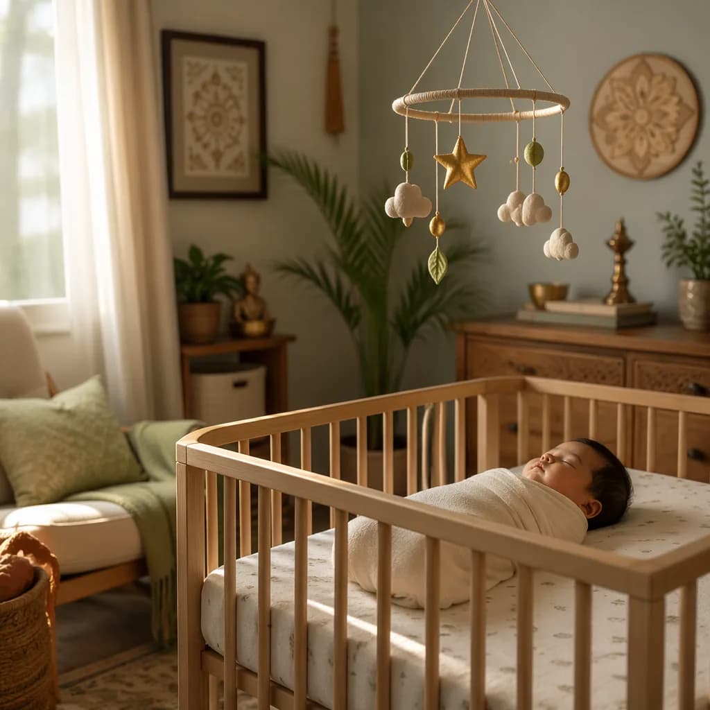 A peaceful swaddled baby sleeping in a softly lit pastel nursery with a circular mobile overhead.
