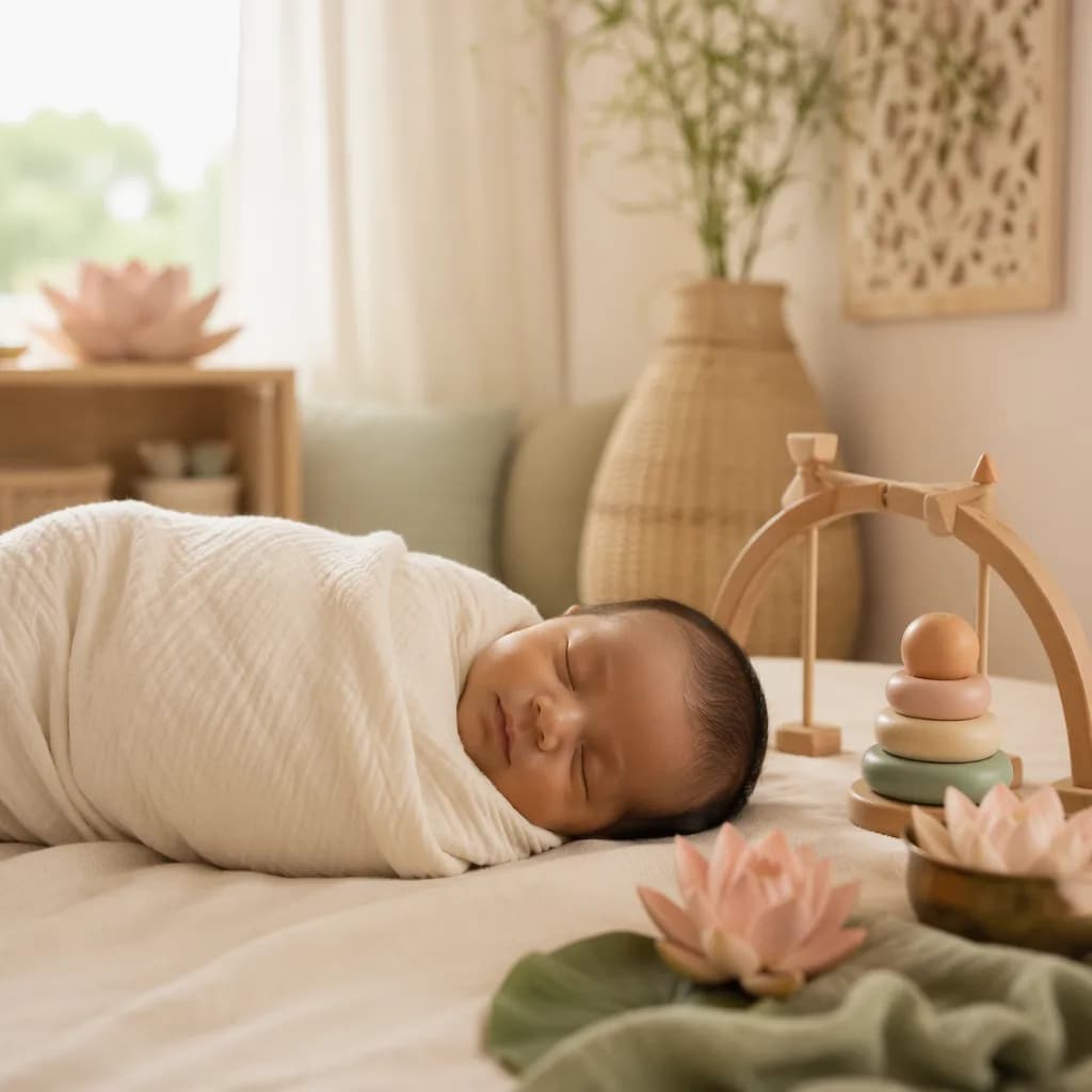 Sleeping newborn in a soft pastel nursery with wooden toys and lotus accents.