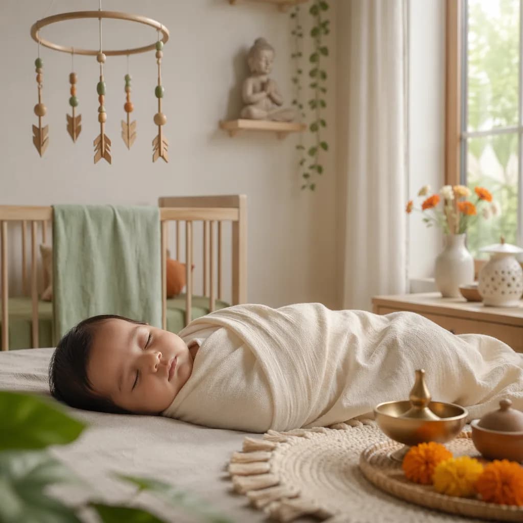 Sleeping baby in a soft pastel nursery with Indian-inspired decor symbolizing purpose and respect.