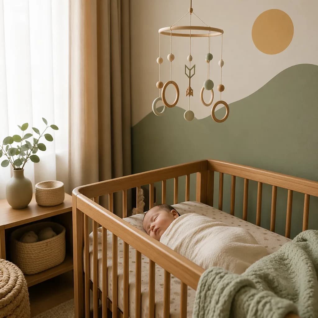Sleeping swaddled baby in a softly lit nursery with subtle goal-inspired decor.