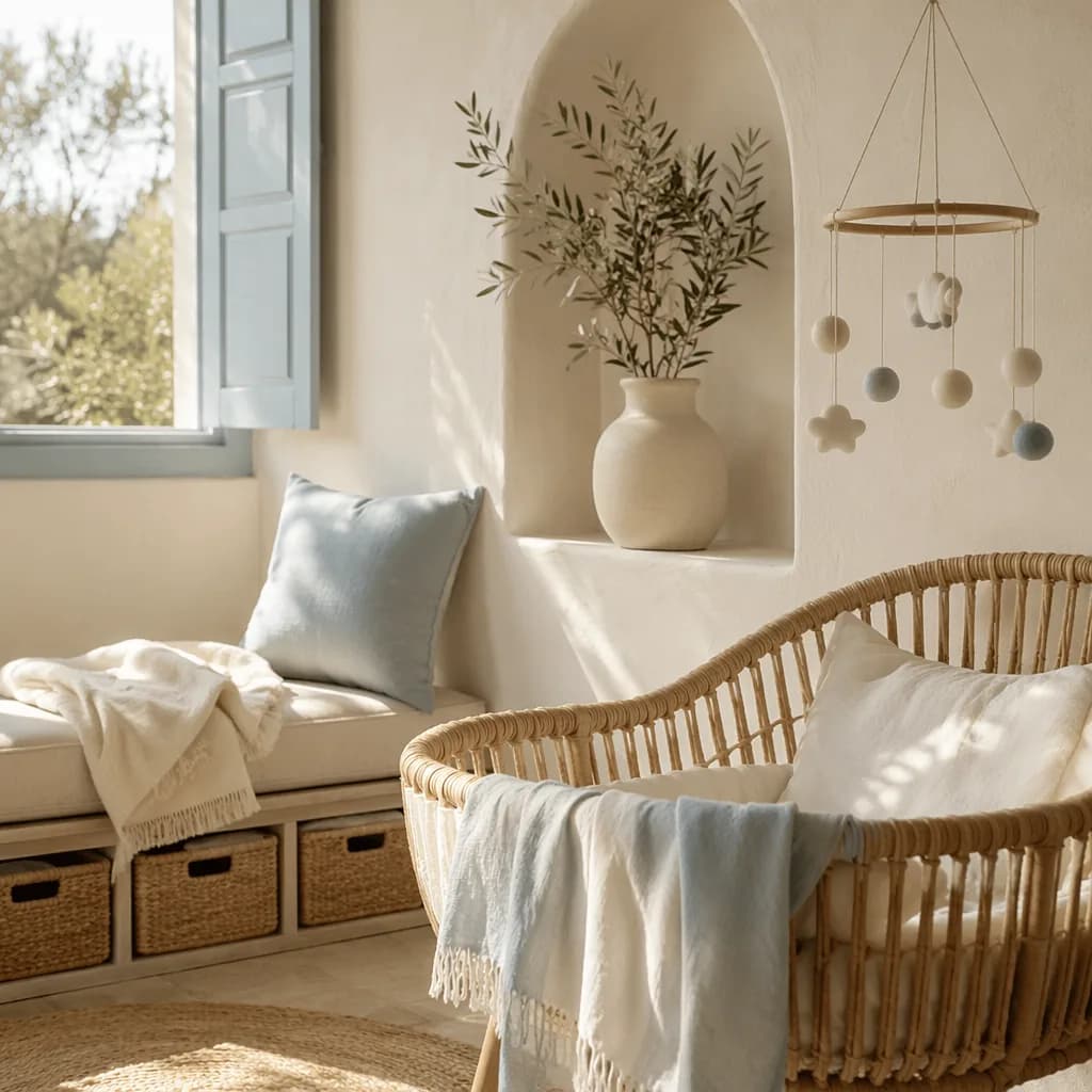Soft Greek-inspired nursery with a bassinet, olive branch, and radiant morning light.