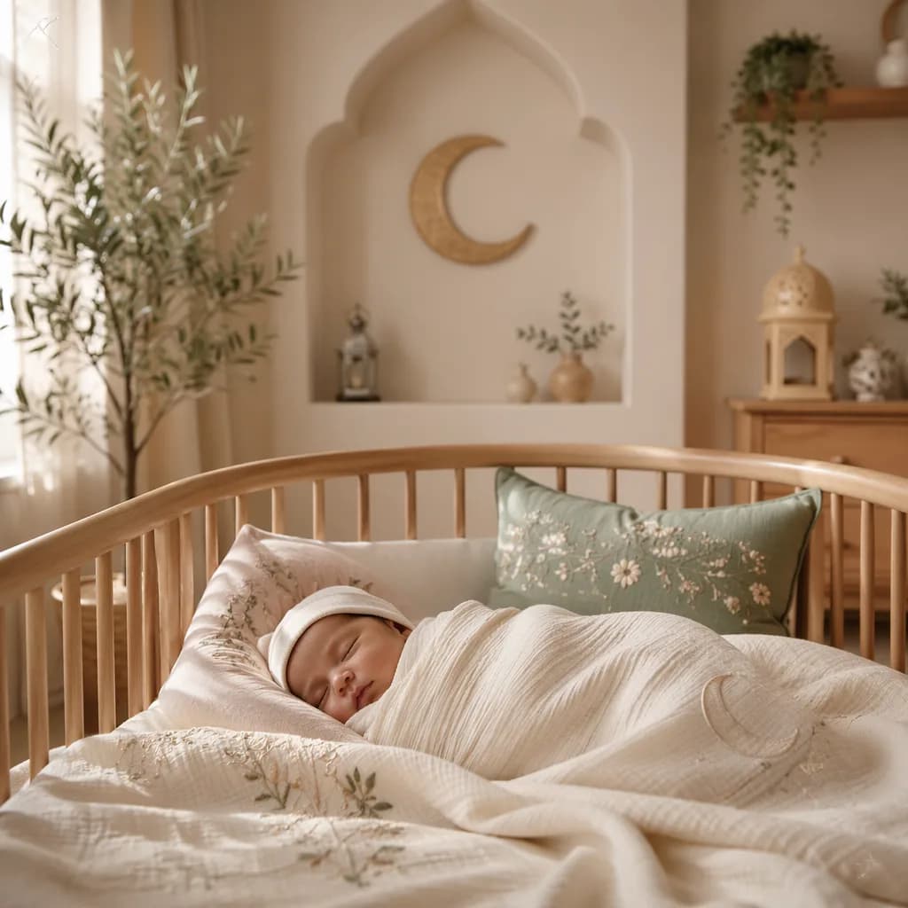 Sleeping baby in a soft pastel Arabic-inspired nursery with warm natural light