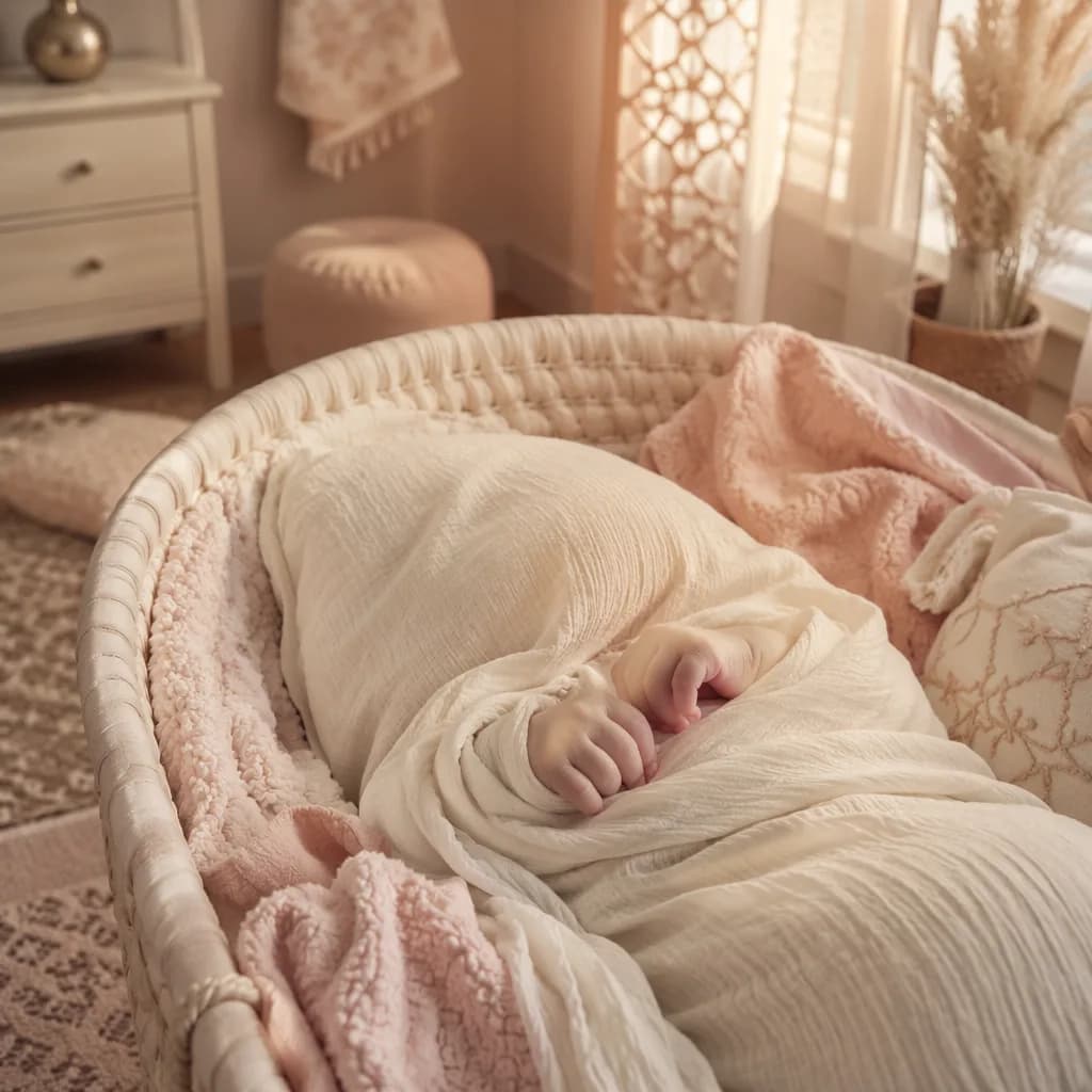 Soft pastel nursery scene with a swaddled sleeping baby in warm natural light