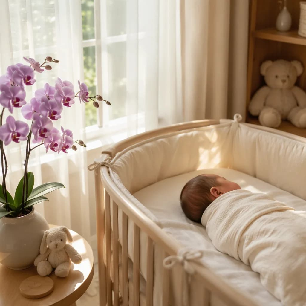 Sleeping baby in a soft nursery beside pale orchids in warm natural light.