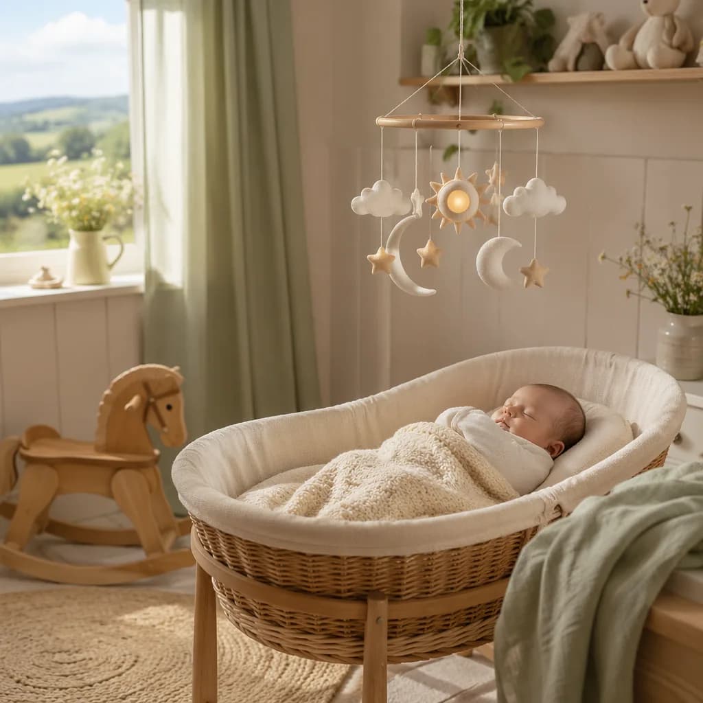 Sleeping newborn in a soft Irish-inspired nursery with dreamy pastel decor