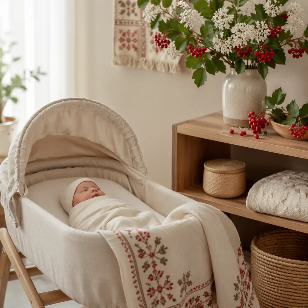 Sleeping baby in a soft pastel nursery with viburnum-inspired decor