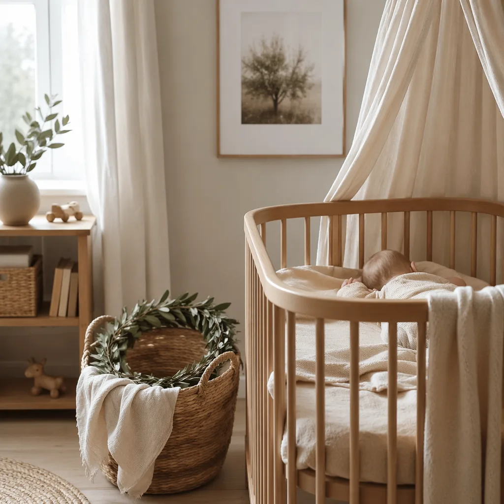 Soft Scandinavian nursery with a sleeping baby and laurel wreath in gentle natural light
