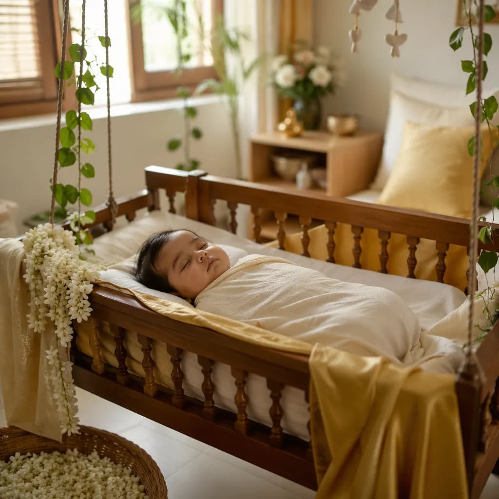 A peacefully sleeping baby in a warm pastel nursery with vines, jasmine, and golden accents.
