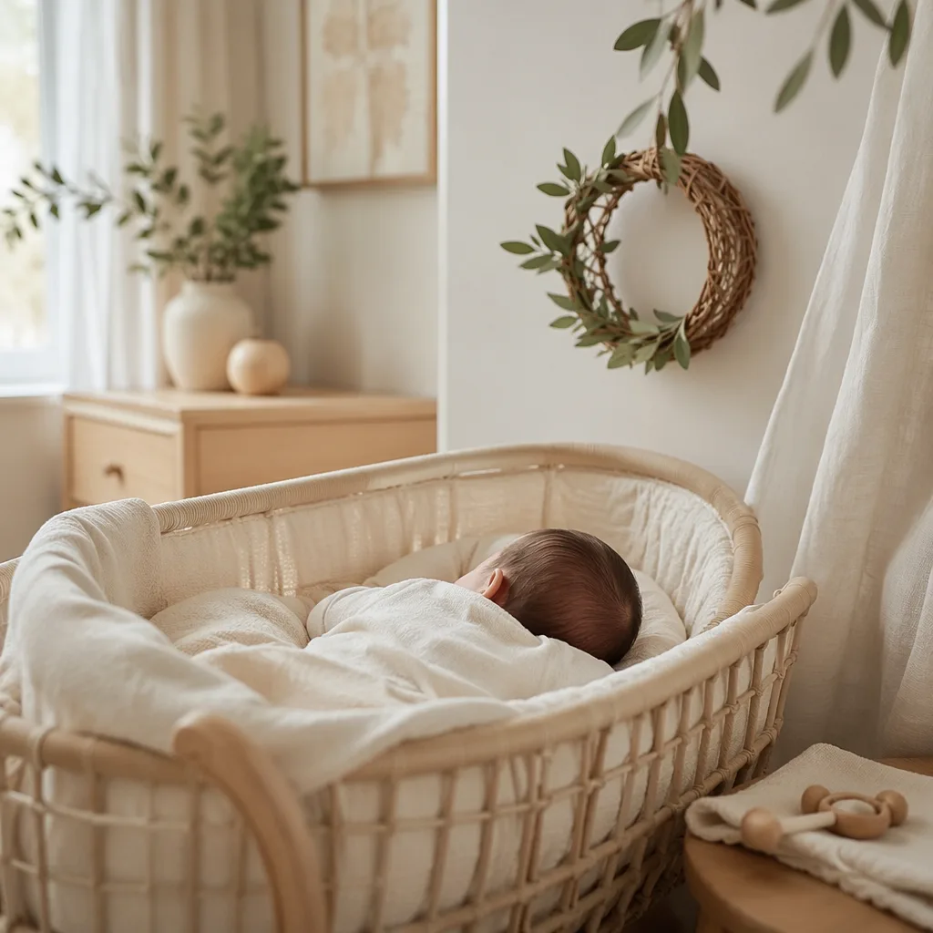 A peaceful pastel nursery with a sleeping baby and a small laurel wreath.