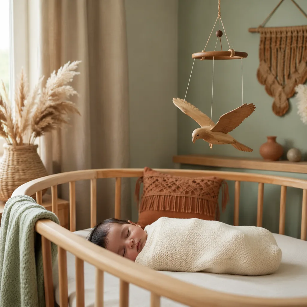 A softly lit nursery with a sleeping swaddled baby and a wooden hawk mobile.